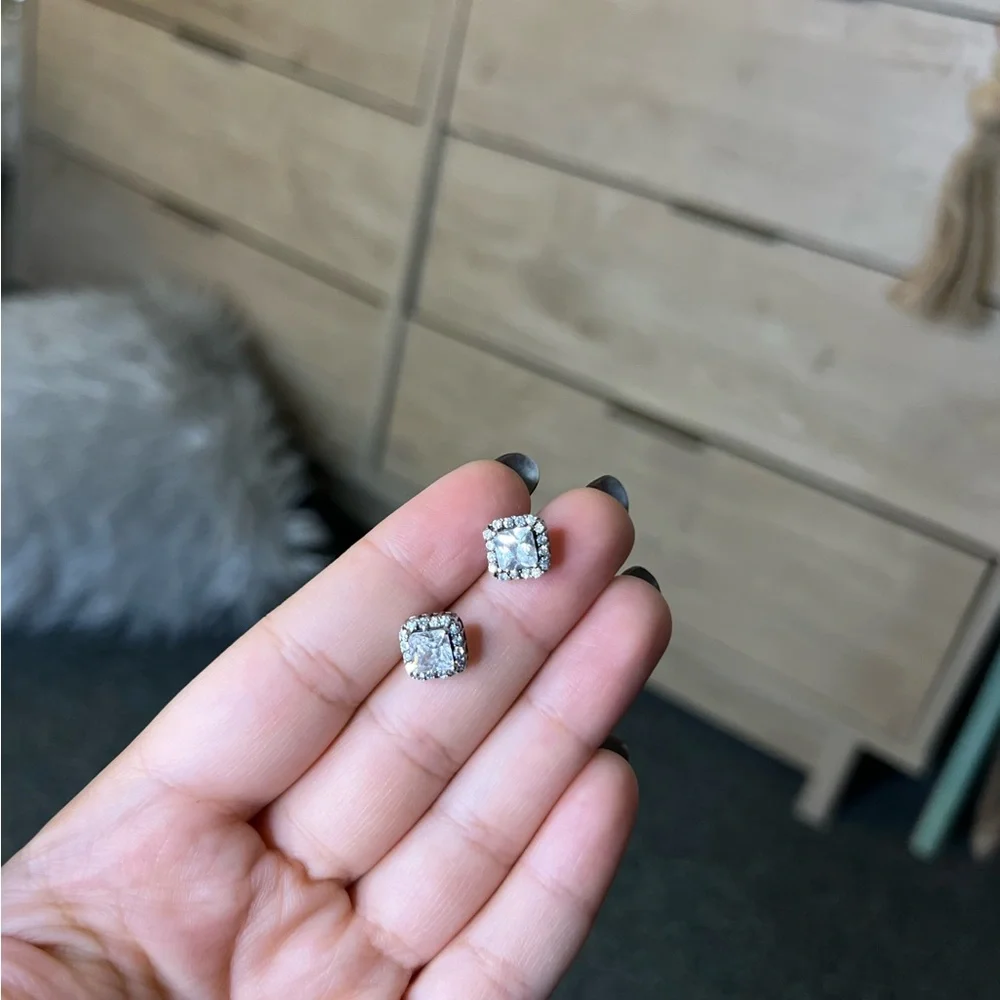 Princess Cut CZ Diamond Square Halo Studs Dainty Small Earrings Jewelry Accessor - Picture 12 of 16